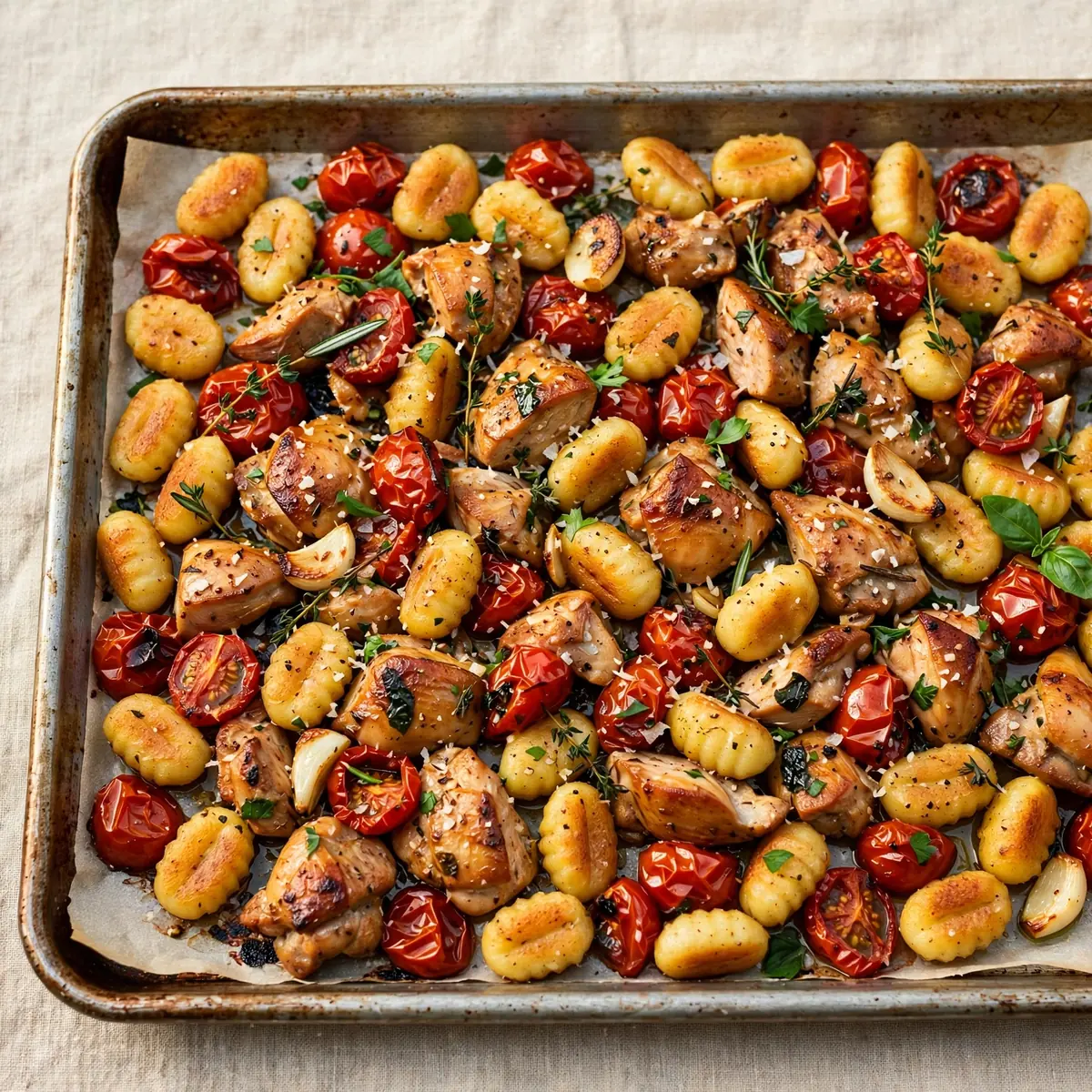 Blech-Gnocchi mit Hähnchen und Kirschtomaten: Günstiges Batch-Meal für 3 Euro pro Portion