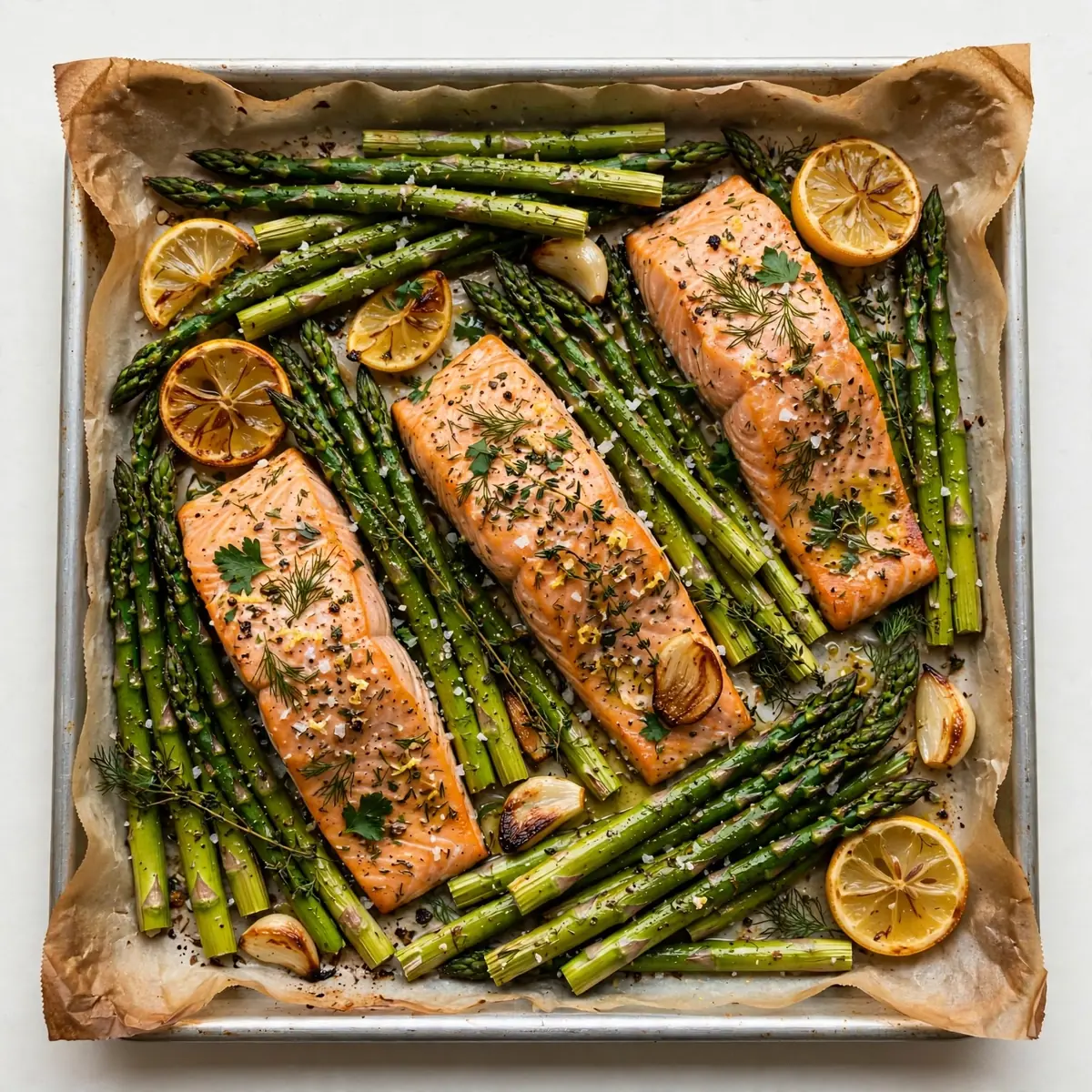 Blech-Lachs mit Zitronen-Kräutern und Spargel: 4 Portionen für 12€