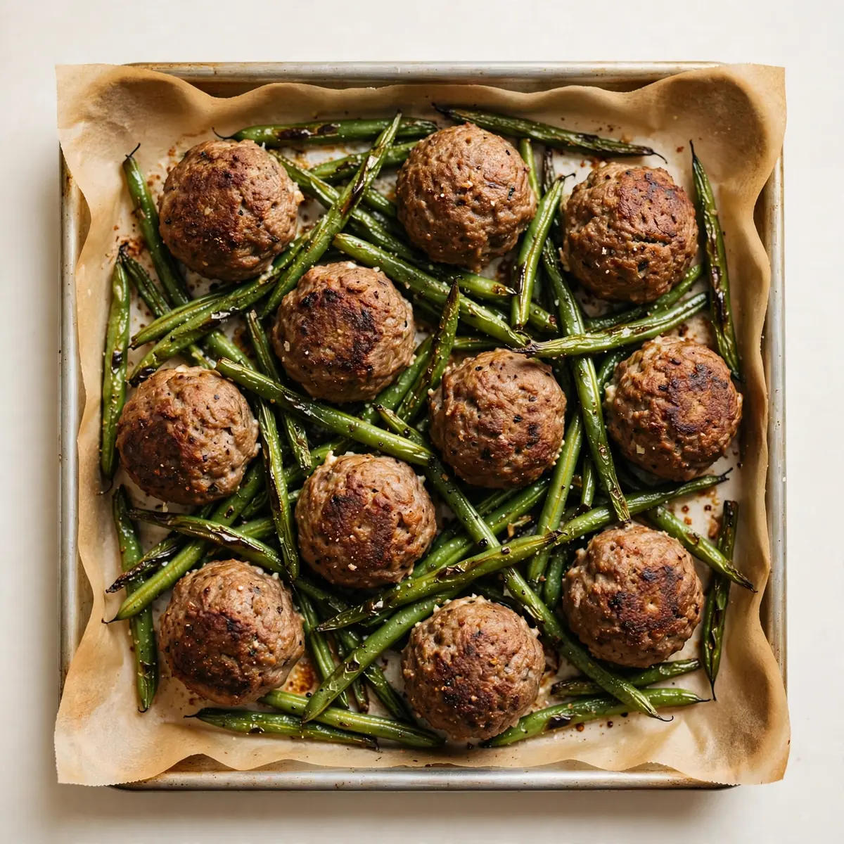 Blech-Meatballs mit gerösteten grünen Bohnen Budget Meal Prep