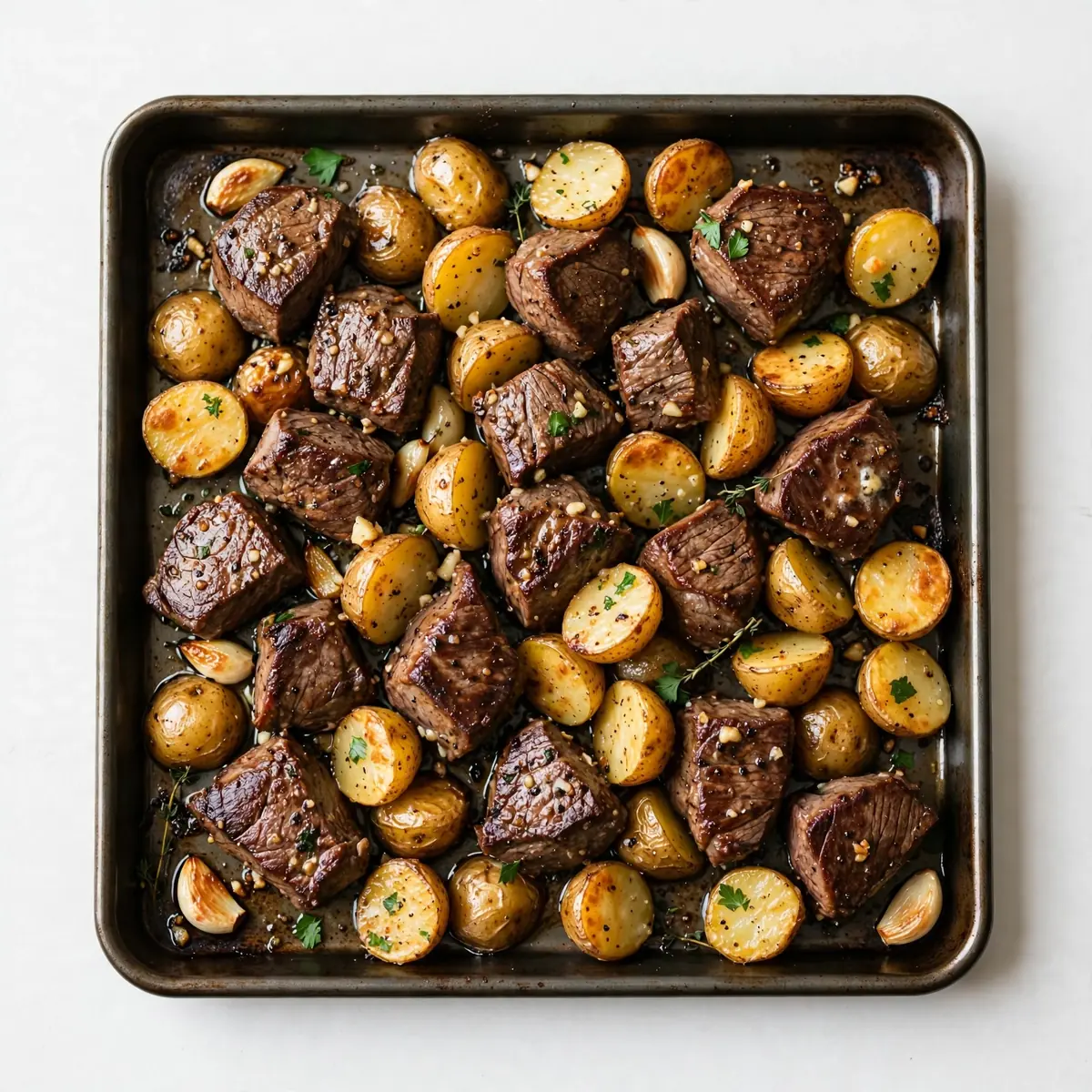 Garlic Butter Steak Bites mit Kartoffeln vom Blech – Budget Meal Prep