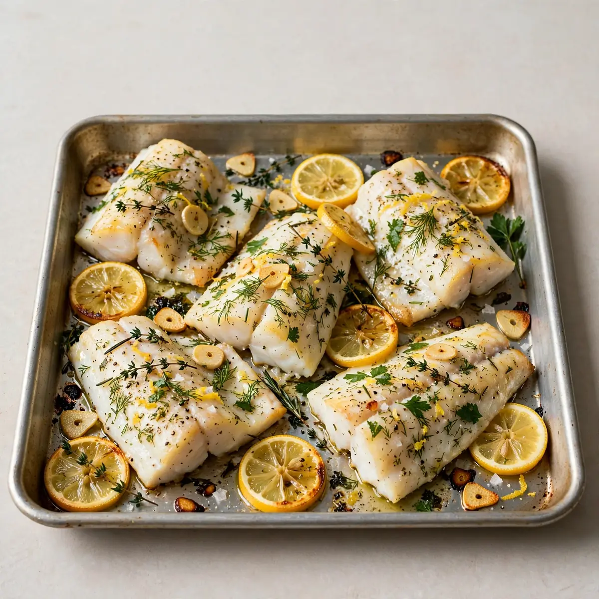 Sheet-Pan Zitronen-Kräuter-Kabeljau Schnell
