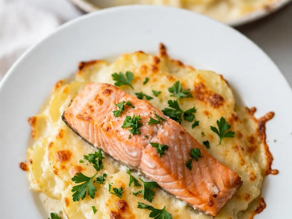 Abendessen aus dem Ofen: Einfaches Kartoffelgratin mit Lachs