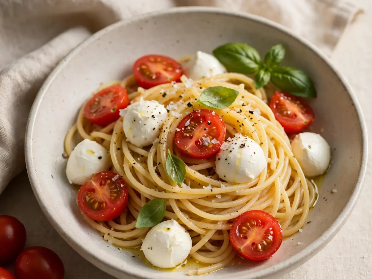 Abendessen mit wenig Zutaten: Pasta mit Tomaten und Mozzarella