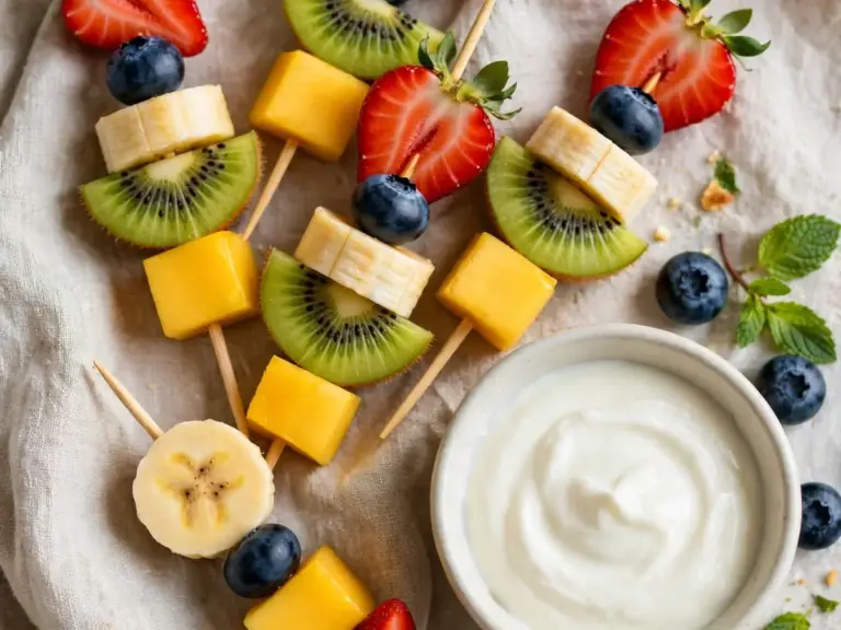 Frühstück für Kinder: Bunte Obstspieße mit Joghurt-Dip