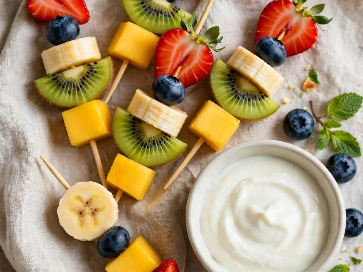 Frühstück für Kinder: Bunte Obstspieße mit Joghurt-Dip