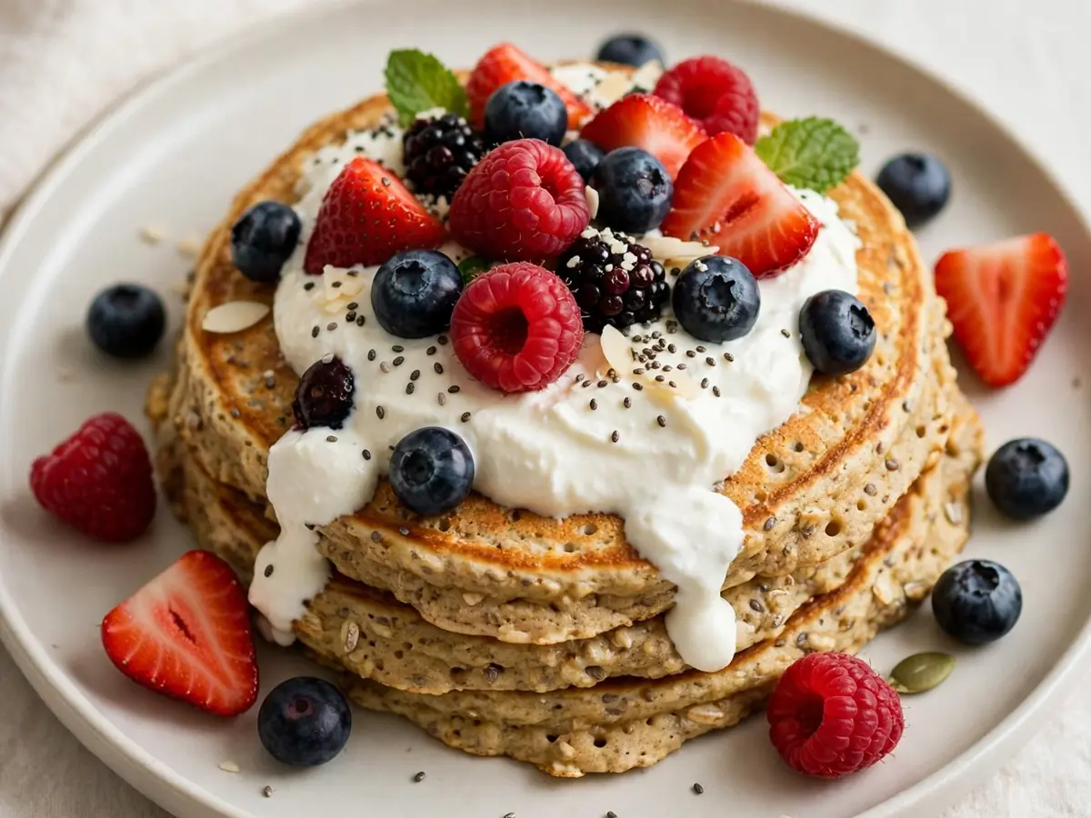 Frühstück für Sportler: Protein-Pancakes mit Quark und Beeren