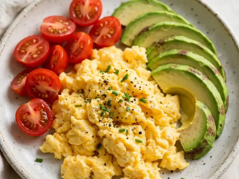 Frühstück ohne Zucker: Einfaches Rührei mit Avocado und Tomaten