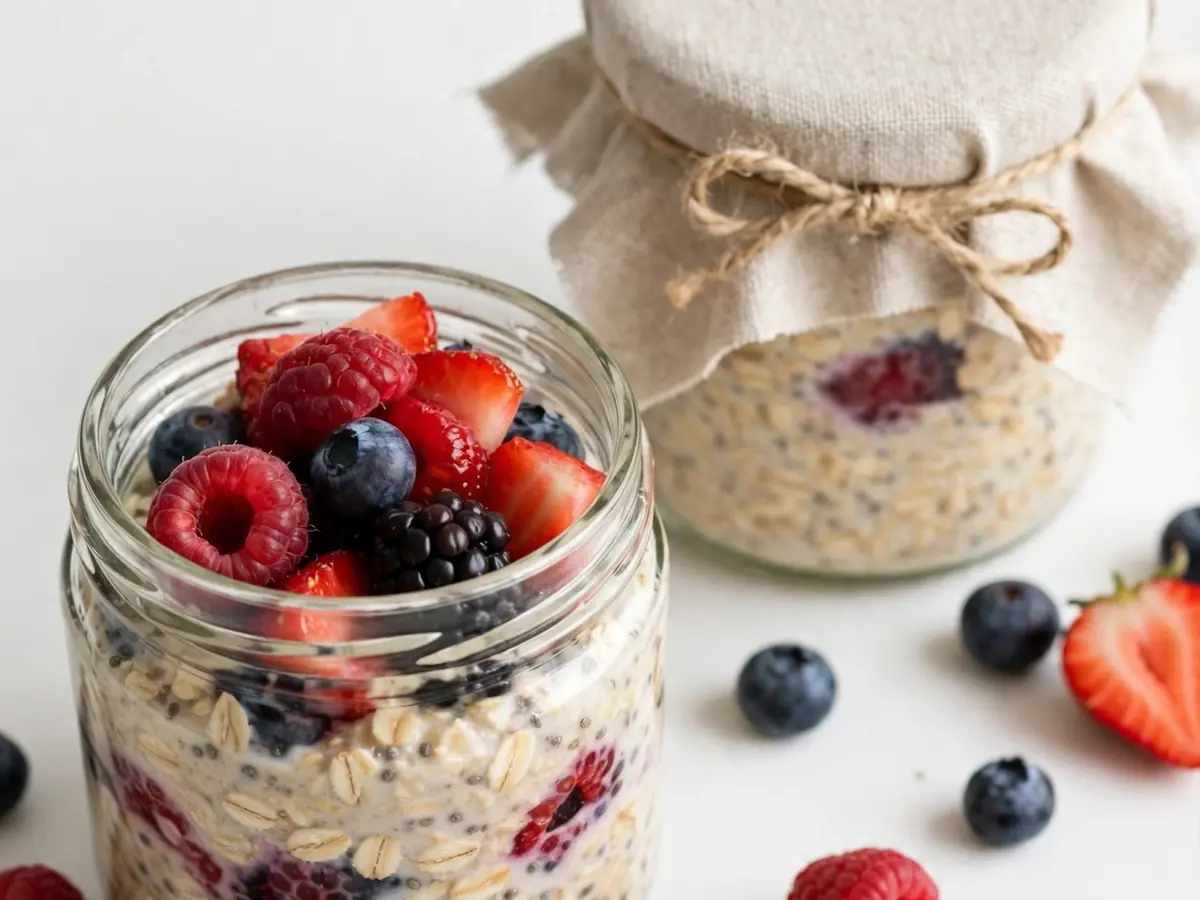 Frühstück to go: Gesunde Overnight Oats mit Beeren zum Mitnehmen