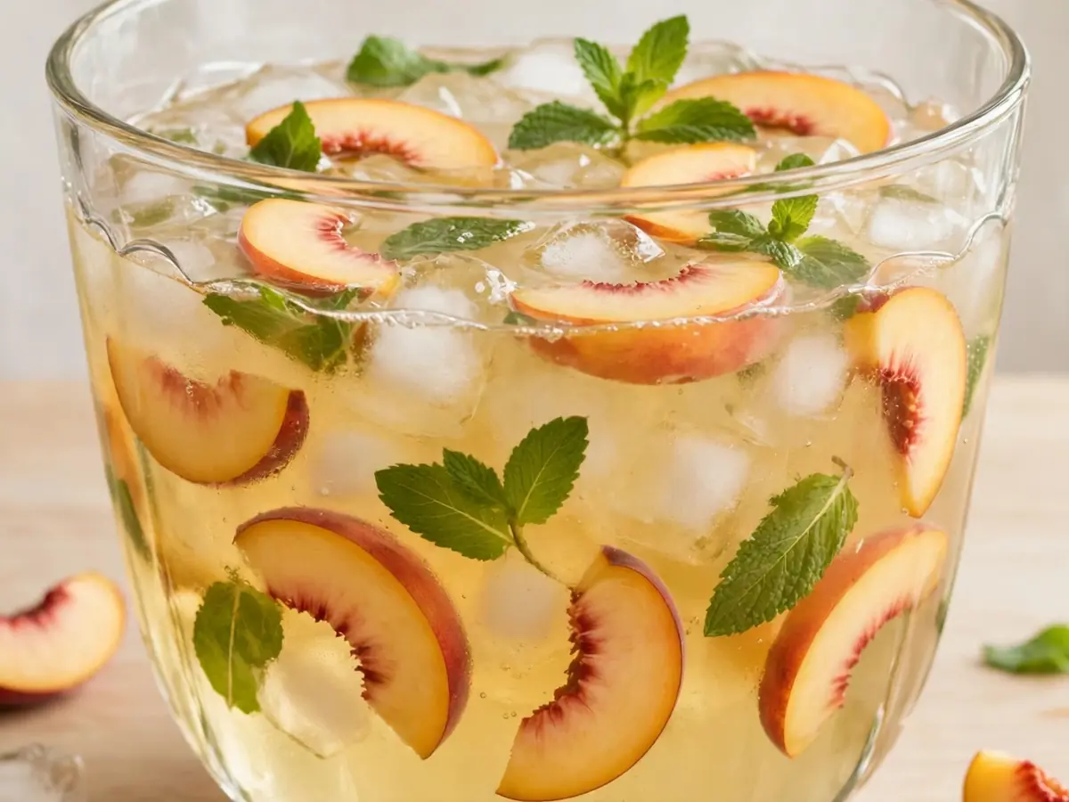 Getränk für Partys: Einfache Bowle mit Weißwein und Pfirsich
