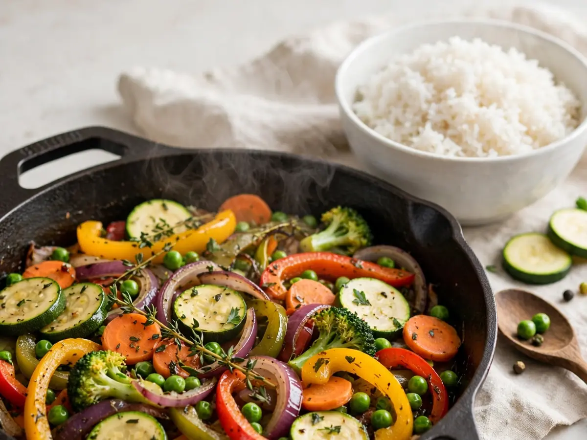 Mittagessen für die Familie: Einfache Gemüsepfanne mit Reis
