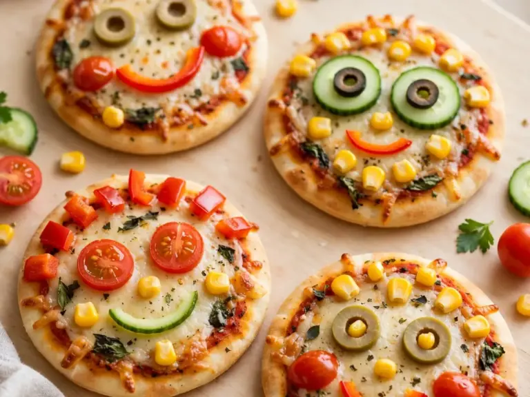 Mittagessen für Kinder: Mini-Pizzen mit Gemüsegesichtern