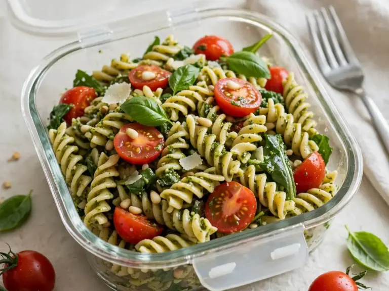 Mittagessen fürs Büro: Kalter Nudelsalat mit Pesto und Cherrytomaten