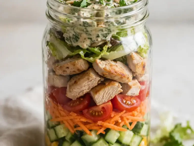 Mittagessen im Glas: Schichtsalat mit Hähnchen und Mais