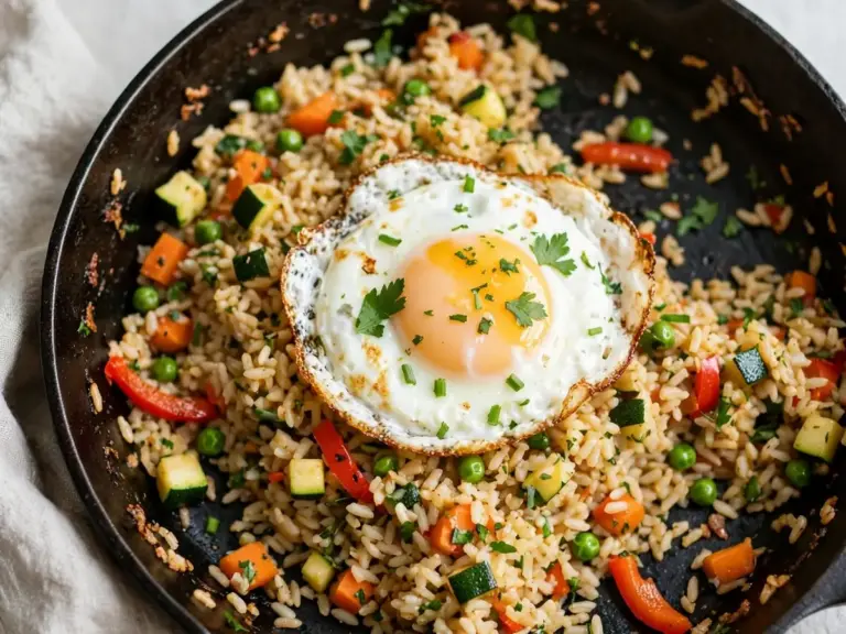 Mittagessen mit Resten: Gemüse-Reis-Pfanne mit Ei