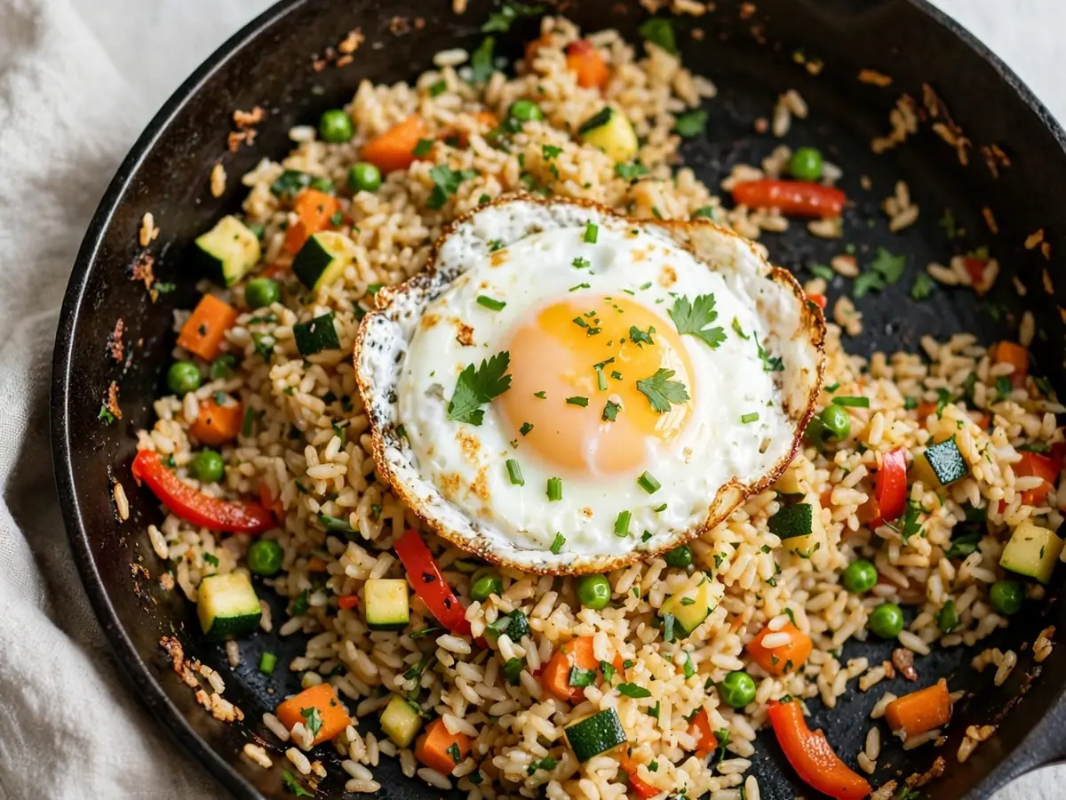 Mittagessen mit Resten: Gemüse-Reis-Pfanne mit Ei