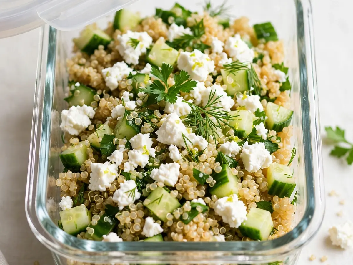Mittagessen zum Mitnehmen: Quinoa-Salat mit Feta und Gurke