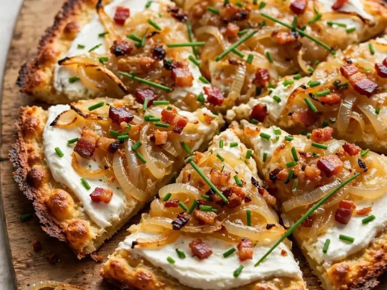 Schnelles Abendessen: Einfache Flammkuchen-Pizza mit Speck und Zwiebeln