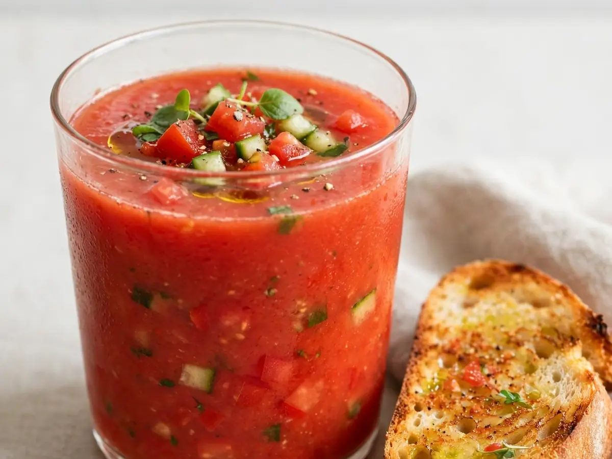 Vorspeise im Glas: Schnelle Gazpacho mit geröstetem Brot
