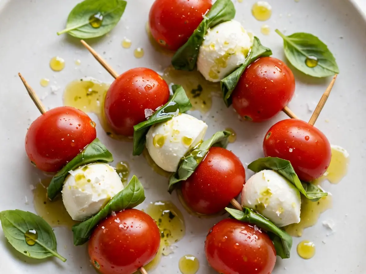 Vorspeise ohne Kochen: Schneller Tomate-Mozzarella-Spieß mit Basilikum-Öl